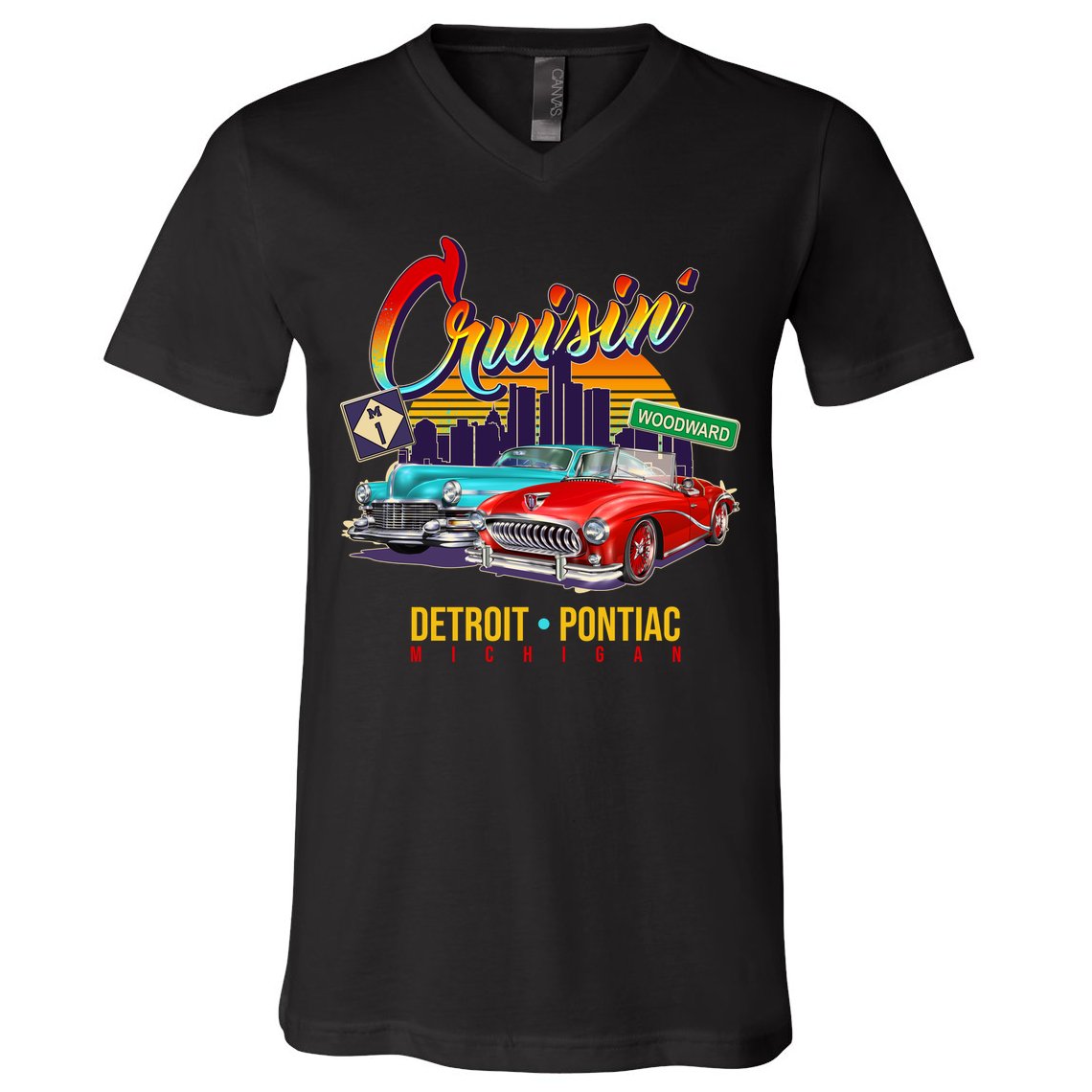 Cruisin Detroit To Pontiac Clasic Cars V-Neck T-Shirt