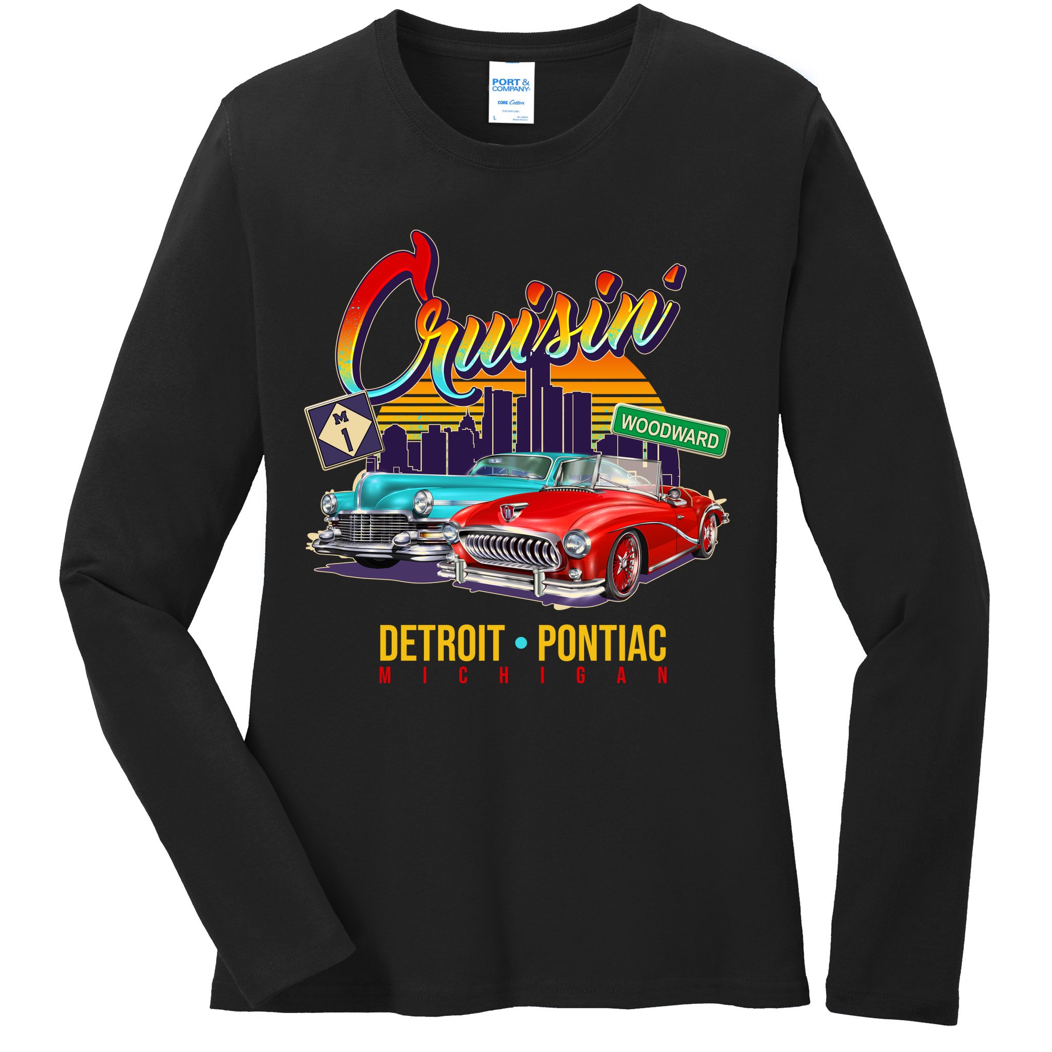 Cruisin Detroit To Pontiac Clasic Cars Ladies Long Sleeve Shirt