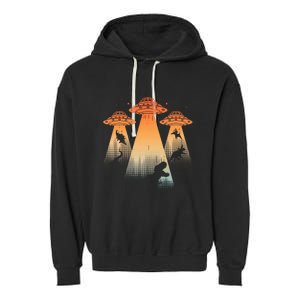 Cool Dinosaur Ufo Alien Abduction Dinosaur Garment-Dyed Fleece Hoodie