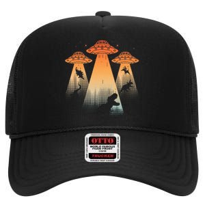 Cool Dinosaur Ufo Alien Abduction Dinosaur High Crown Mesh Back Trucker Hat