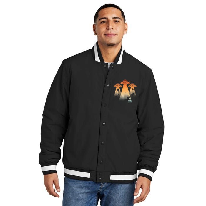 Cool Dinosaur Ufo Alien Abduction Dinosaur Insulated Varsity Jacket