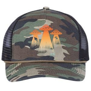 Cool Dinosaur Ufo Alien Abduction Dinosaur Retro Rope Trucker Hat Cap