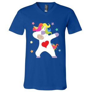 Cute Dabbing Unicorn Heart Valentines Day Cute Gift V-Neck T-Shirt