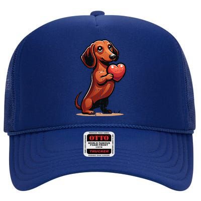 Cute Dachshund Valentines Day Heart Lover Dog Mom Dad Women High Crown Mesh Back Trucker Hat