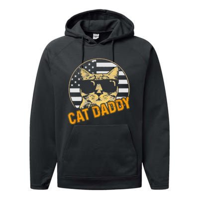 Cat Daddy Vintage Cat 80s Retro USA 4th of July For Cat Dad Performance Fleece Hoodie