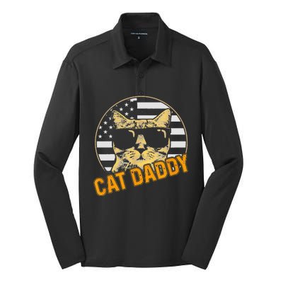 Cat Daddy Vintage Cat 80s Retro USA 4th of July For Cat Dad Silk Touch Performance Long Sleeve Polo