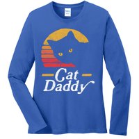 Cat Daddy Vintage Eighties Style Cat Retro Distressed Funny Gift Ladies Long Sleeve Shirt