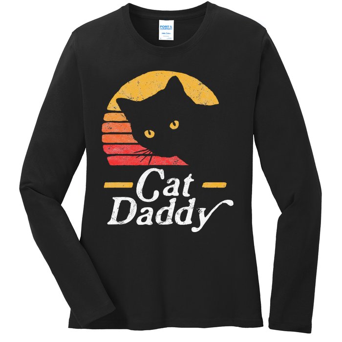 Cat Daddy Vintage Eighties Style Cat Retro Distressed Ladies Long Sleeve Shirt