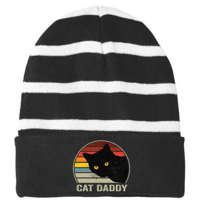 Cat Daddy Vintage Eighties Style Cat Retro Distressed Striped Beanie with Solid Band