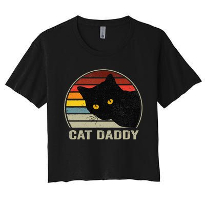 Cat Daddy Vintage Eighties Style Cat Retro Distressed Women's Crop Top Tee