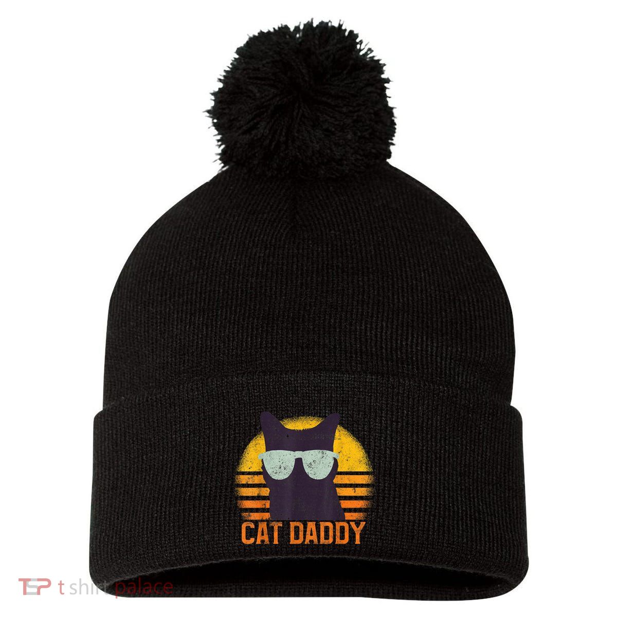 Cat Daddy Vintage Eighties Style Cat Retro Distressed Pom Pom 12in Knit Beanie
