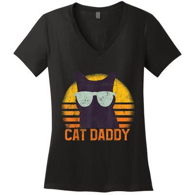 Cat Daddy Vintage Eighties Style Cat Retro Distressed Women's V-Neck T-Shirt
