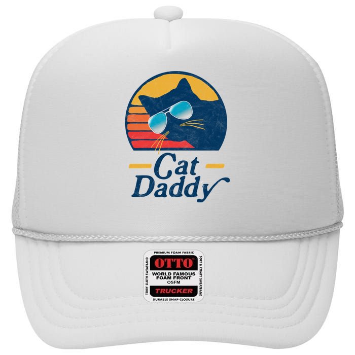 Cat Daddy Vintage 80s Style Cat Retro Sunglasses Distressed High Crown Mesh Back Trucker Hat