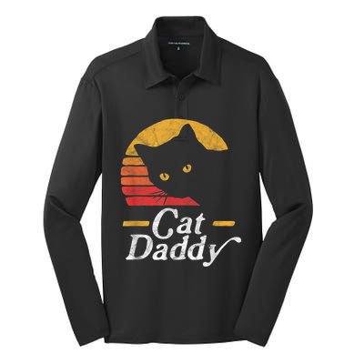 Cat Daddy Vintage Eighties Style Cat Retro Distressed Silk Touch Performance Long Sleeve Polo