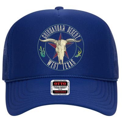 Chihuahuan Desert West Texas Cow Skull Lizard Cactus Star Gift High Crown Mesh Back Trucker Hat