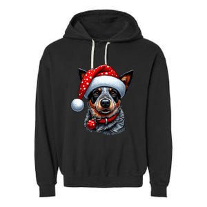 Cattle Dog With Santa Hat Garment-Dyed Fleece Hoodie