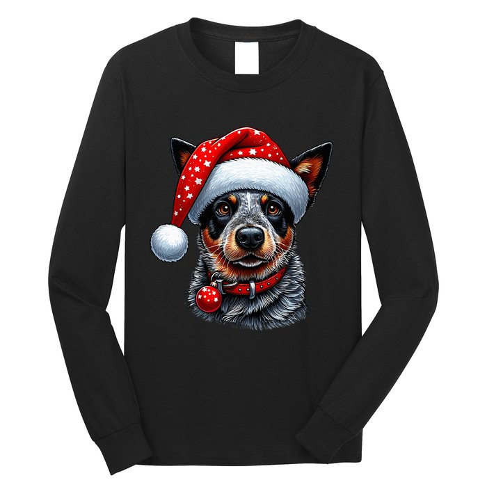 Cattle Dog With Santa Hat Long Sleeve Shirt