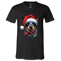 Cattle Dog With Santa Hat V-Neck T-Shirt