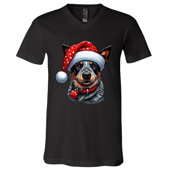 Cattle Dog With Santa Hat V-Neck T-Shirt