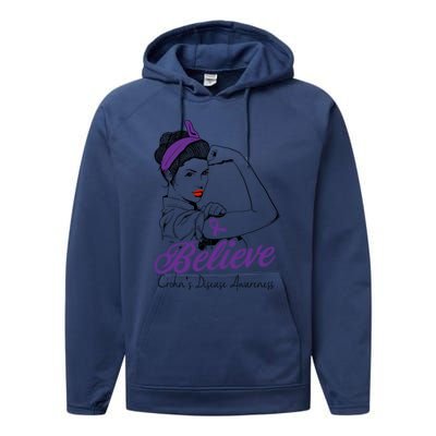 Crohn's Disease Warrior Unbreakable Purple Ribbon Gift Performance Fleece Hoodie