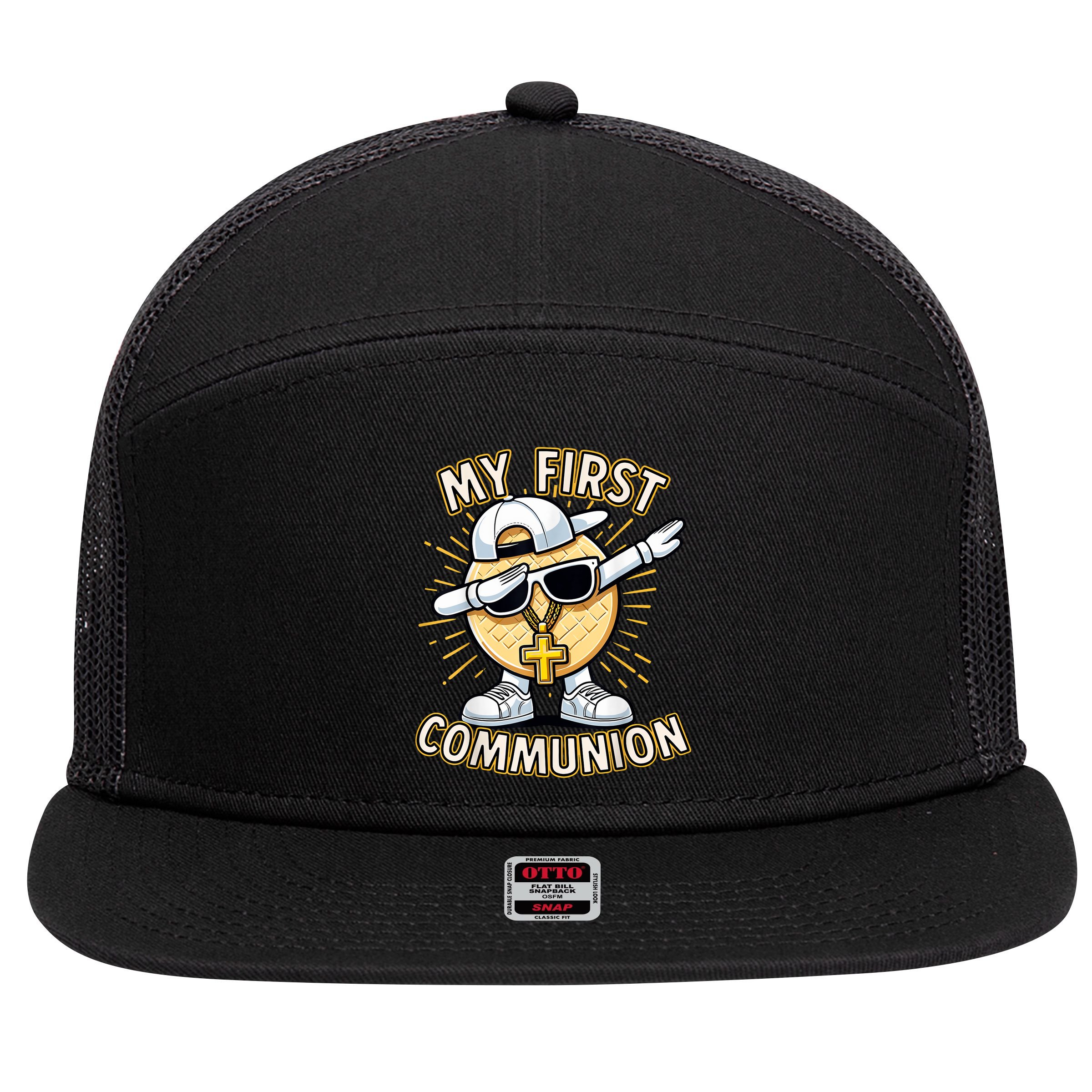 Communion Dabbing Wafer Funny 1st Communion 7 Panel Mesh Trucker Snapback Hat