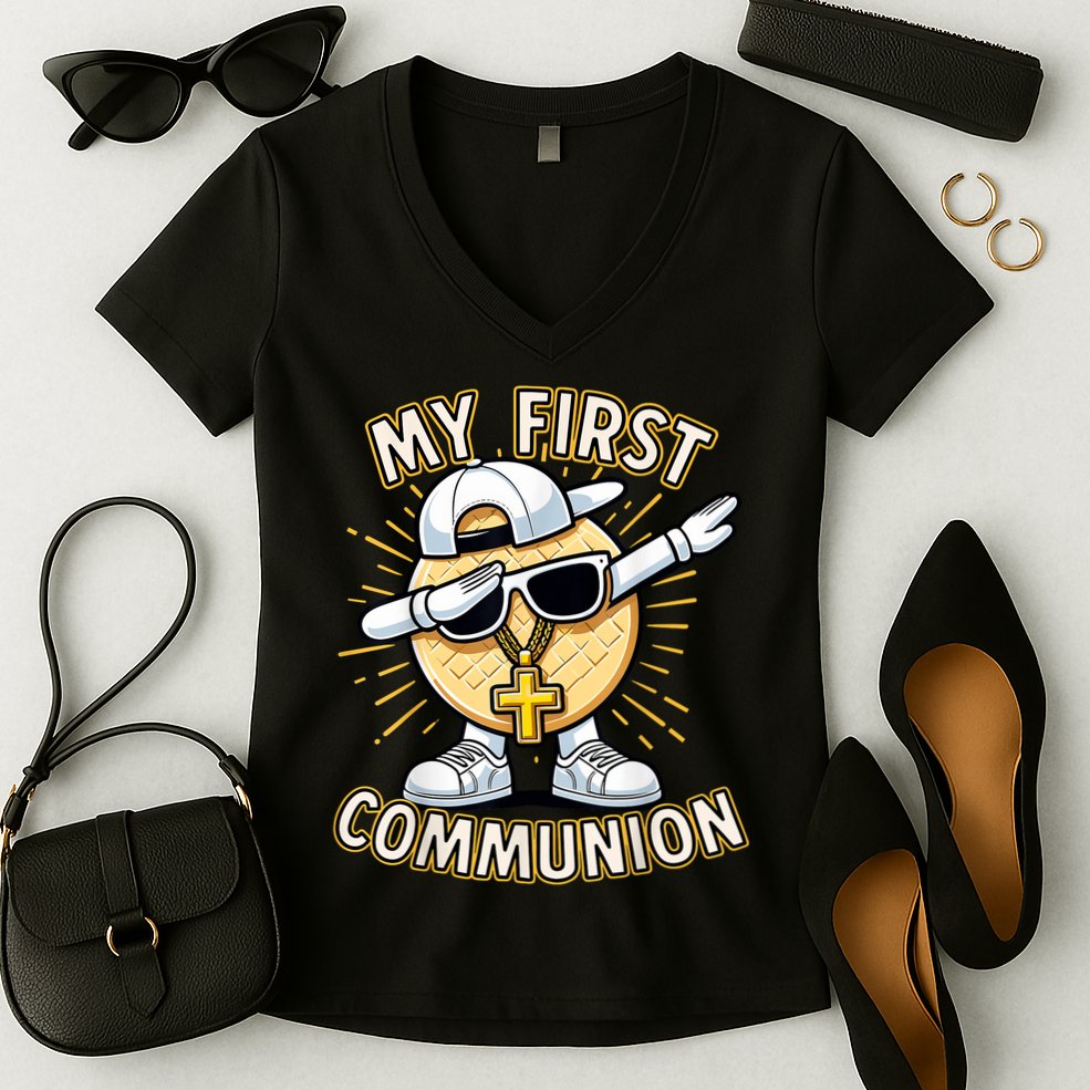 Communion Dabbing Wafer Funny 1st Communion Women's V-Neck T-Shirt
