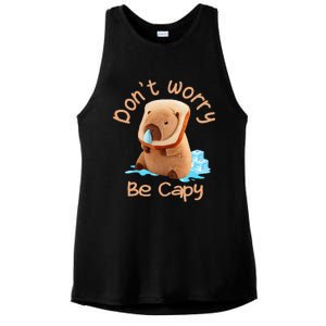 Capybara DonT Worry Be Capy Distressed Cute Ladies PosiCharge Tri-Blend Wicking Tank