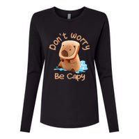 Capybara Dont Worry Be Capy Distressed Capybara Lovers Cute Animal Gift Womens Cotton Relaxed Long Sleeve T-Shirt