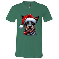 Cattle Dog With Santa Hat V-Neck T-Shirt