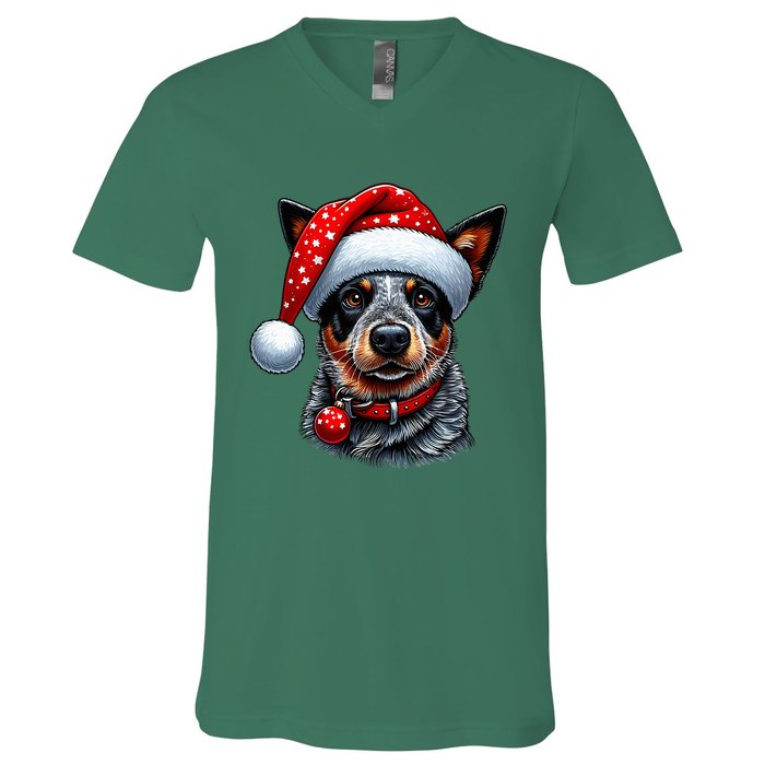 Cattle Dog With Santa Hat V-Neck T-Shirt