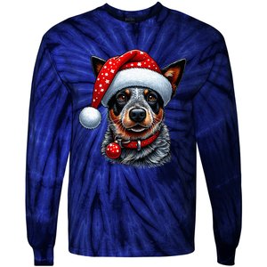 Cattle Dog With Santa Hat Tie-Dye Long Sleeve Shirt