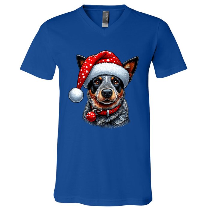 Cattle Dog With Santa Hat V-Neck T-Shirt