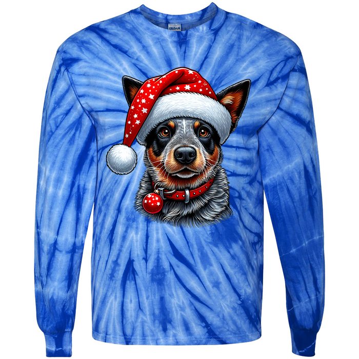 Cattle Dog With Santa Hat Tie-Dye Long Sleeve Shirt