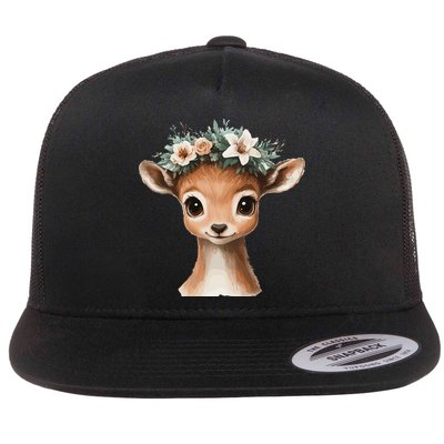 Cute Deer With Floral Crown Gentle Eyes Flat Bill Trucker Hat