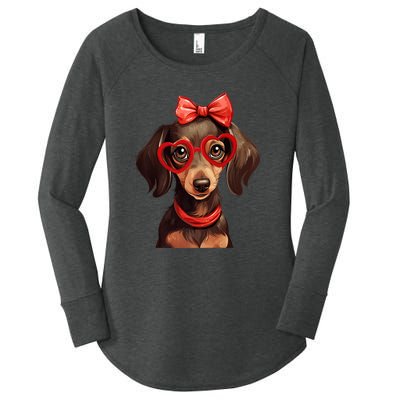 Cute Dachshund Wearing Red Glasses And Headband Bandana Gift Women's Perfect Tri Tunic Long Sleeve Shirt