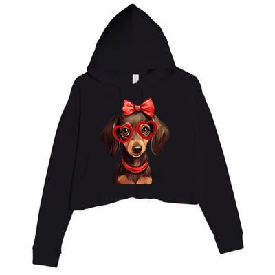 Cute Dachshund Wearing Red Glasses And Headband Bandana Gift Crop Fleece Hoodie