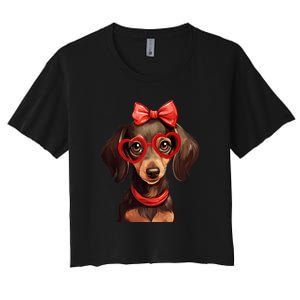 Cute Dachshund Wearing Red Glasses And Headband Bandana Gift Women's Crop Top Tee