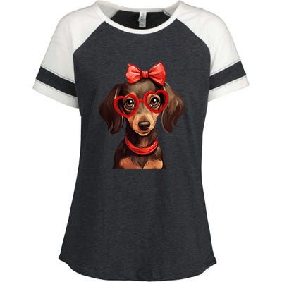 Cute Dachshund Wearing Red Glasses And Headband Bandana Gift Enza Ladies Jersey Colorblock Tee