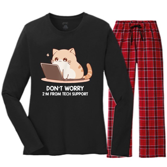 Cat DonT Worry IM From Tech Support Women's Long Sleeve Flannel Pajama Set 