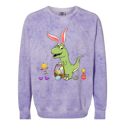 Cute Dinosaur With Easter Basket And Bunny Ears Easter Gift Colorblast Crewneck Sweatshirt