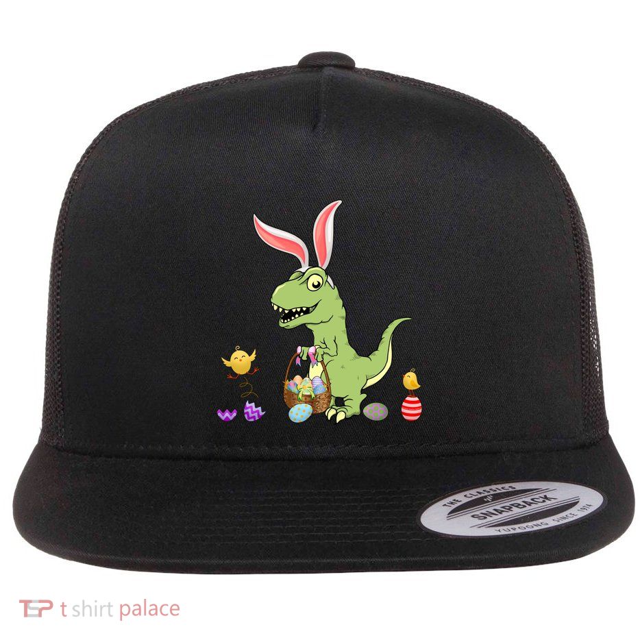 Cute Dinosaur With Easter Basket And Bunny Ears Easter Gift Flatbill Hat