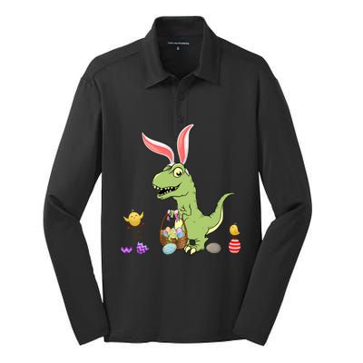 Cute Dinosaur With Easter Basket And Bunny Ears Easter Gift Silk Touch Performance Long Sleeve Polo