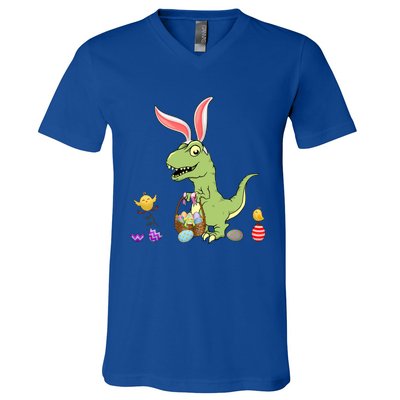 Cute Dinosaur With Easter Basket And Bunny Ears Easter Gift V-Neck T-Shirt