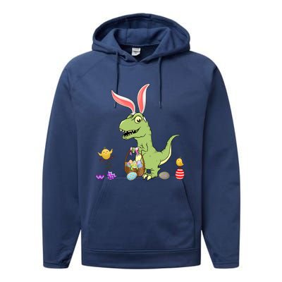 Cute Dinosaur With Easter Basket And Bunny Ears Easter Gift Performance Fleece Hoodie