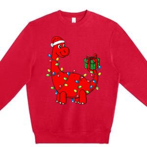 Christmas Dinosaur With Lights Funny Xmas Premium Crewneck Sweatshirt