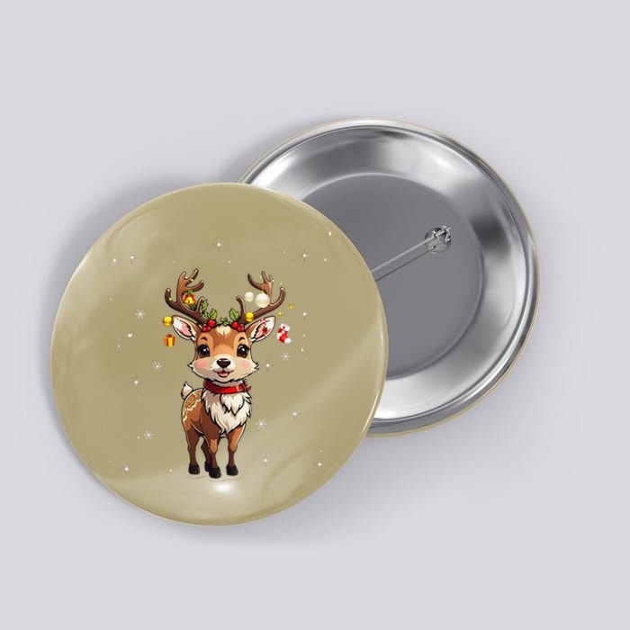 Cute Deer With Santa Hat Christmas Pajama Xmas Reindeer Button