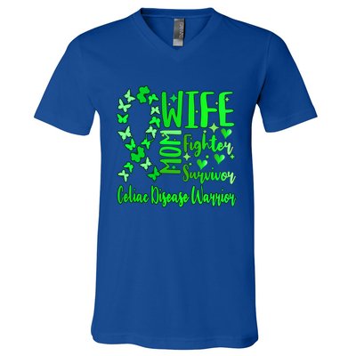 Celiac Disease Wife Mom Warrior Green Ribbon Butterfly Cute Gift V-Neck T-Shirt