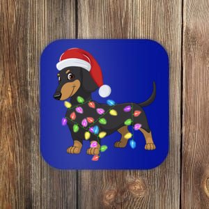 Christmas Dachshund With Santa Hat And Christmas Lights Gift Coaster