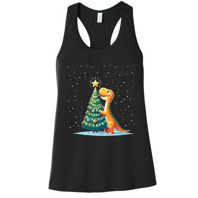 Cute Dinosaur With Christmas Tree And Star Cartoon Funny Women's Racerback Tank