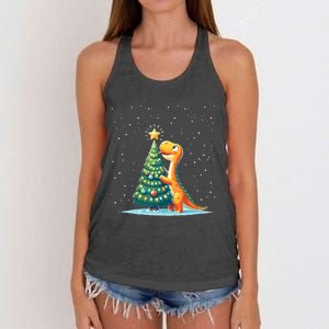 Cute Dinosaur With Christmas Tree And Star Cartoon Funny Women's Knotted Racerback Tank